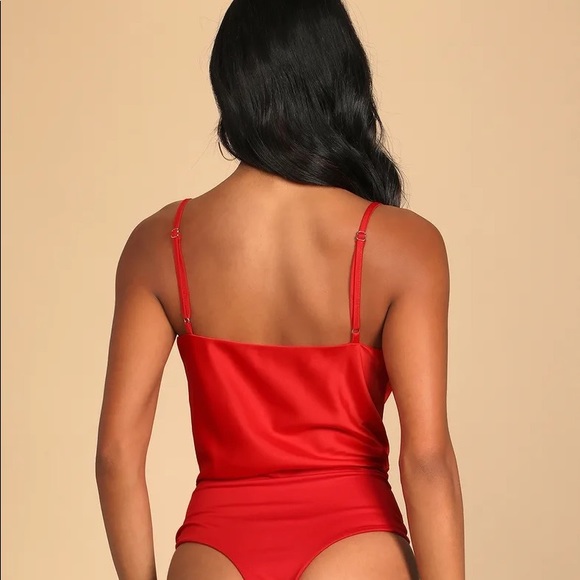 NEW Red Satin Asymmetrical Cowl Neck Bodysuit - Picture 4 of 6